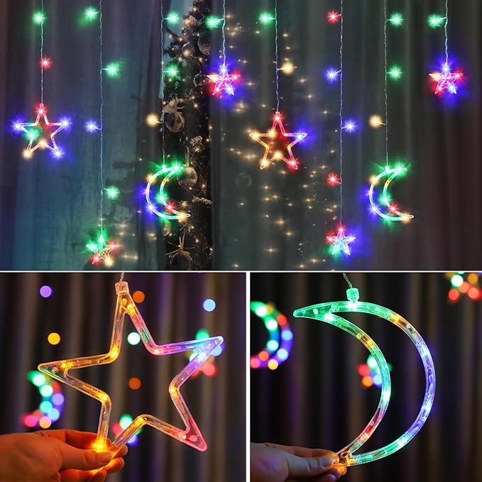 PUHONG Christmas String Lights, 138 LEDs Curtain Lights with 8 Light Modes, 11.48FT Star Moon Indoor Outdoor Fairy String for Window, Bedroom, Wall, Home, Ramadan, Christmas Decoration - Multicolored