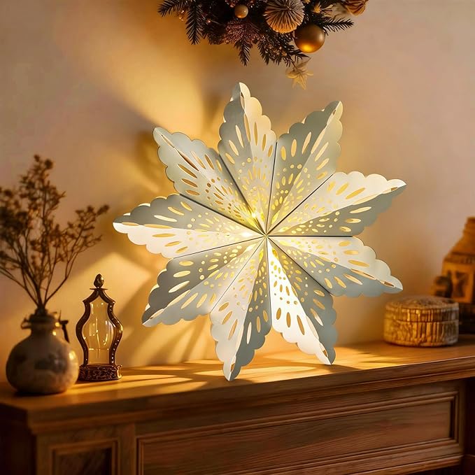 5 Pcs Christmas Paper Snowflake Lanterns, Large 3D Christmas Paper Star Lanterns with LED Lights, White Silver Hanging Snowflake Lamps for Xmas Winter Frozen Weddings Holiday Party Decorations