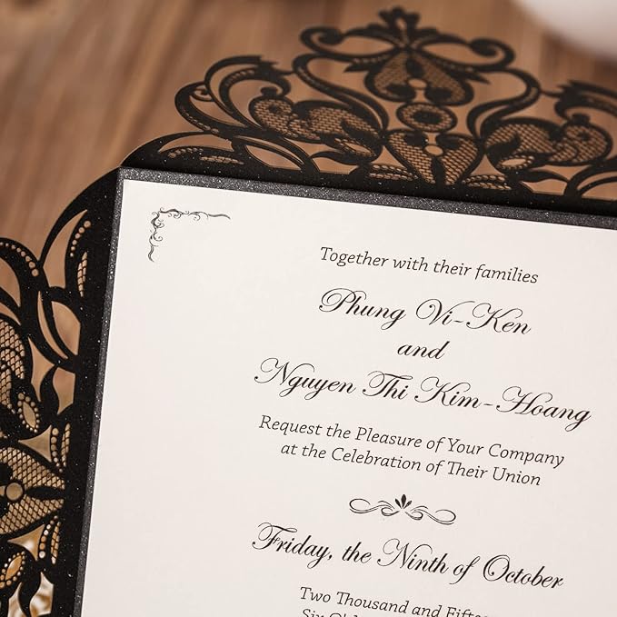 Hosmsua 6.3 x 6.3 Inch 50PCS Black Laser Cut Hollow Lace Rose Invitation Cards with Envelopes Wedding Invitations for Engagement Wedding Invite (Black, 50PCS Blank)