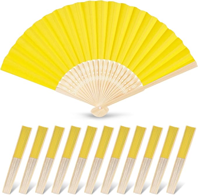 JOHOUSE 12 Pcs Paper Folding Hand Fans, 8.3 Inch Lemon Yellow Paper Fans Handheld Portable Decorative Accessories for Wedding, Lemon Party Decorations, Bridal Shower DIY Crafts