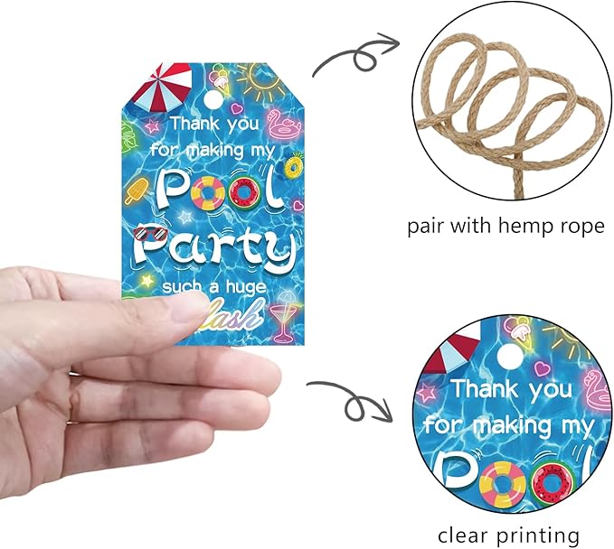 50pcs Pool Party Thank You Tags, Summer Beach Themed Gift Tags for Baby Shower and Birthday Party Favors Decoration (Pool)