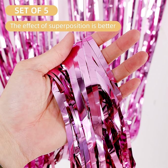 5 Pack Pink Foil Curtain Backdrop 3.2ft x 9.8ft Metallic Tinsel Foil Fringe Curtains Streamer Photo Booth Backdrop for Birthday Party Engagement Bachelorette Party Decorations (Pink)