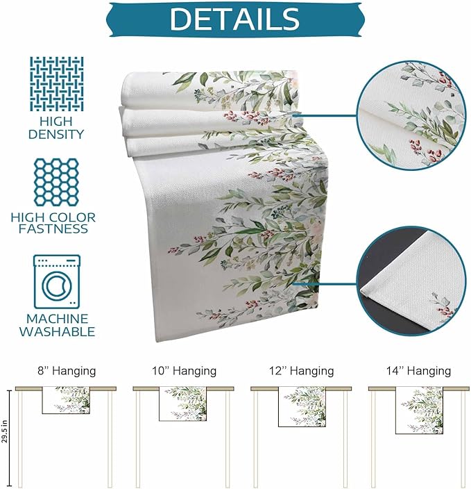 Botanical Eucalyptus Cotton Linen Table Runner for Dining Kitchen, Wedding Outdoor Party Tablerunners Decoration, Sage Green Leaves Elegant Floral Dresser Scarf Coffee Tablecloth Runners 13x108 Inches