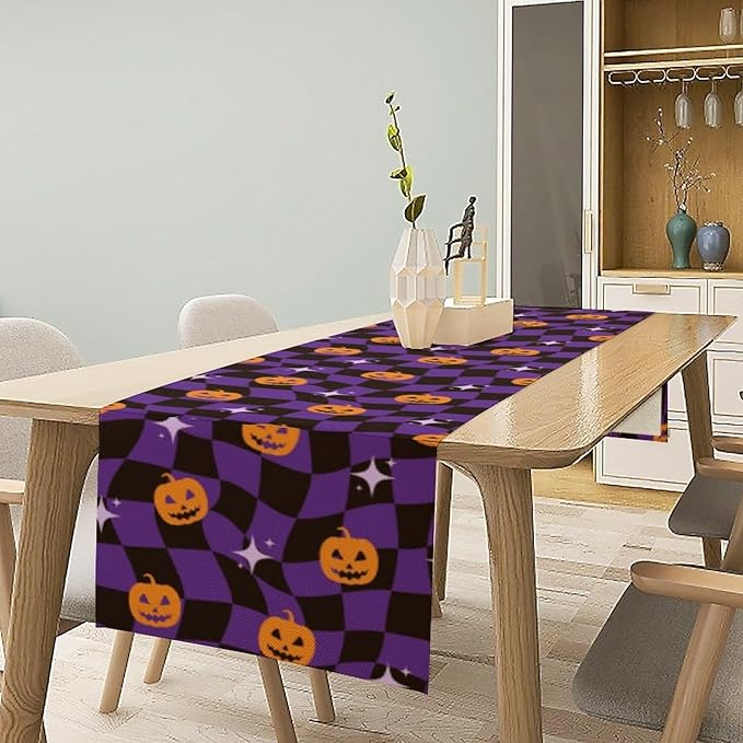 Halloween Table Runner,Purple Checkered Pumpkin Table Runner for Kitchen Dining Table Decoration Home Party Decor 13x120 Inch