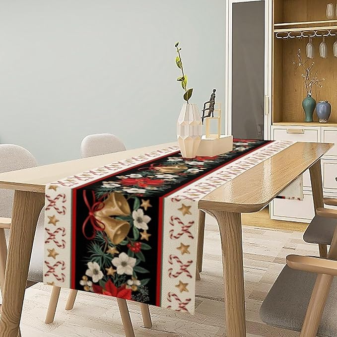 Christmas Table Runner, Xmas Holiday Seasonal Winter Table Cloth Kitchen Dining Table Decoration for Home Party Decor 13x36 Inch