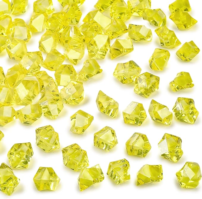DomeStar Yellow Fake Ice Rocks, 150PCS Acrylic Gems Crystals Plastic Diamonds Fake Ice Cubes for Vase Fillers DIY Craft Wedding Photography Prop Display Table Scatter Home Amalfi Coast Decorations