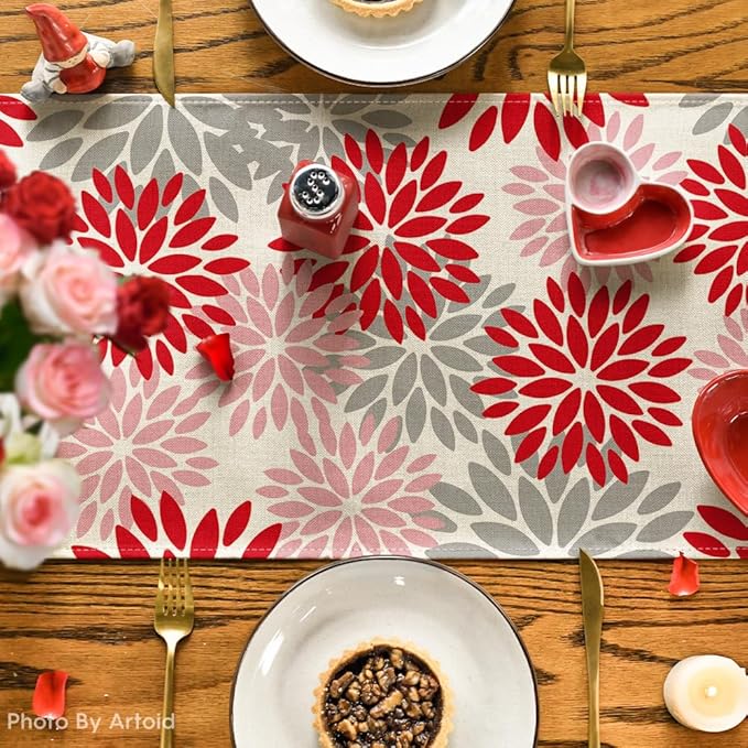 Artoid Mode Red Pink Dahlia Floral Pinnata Christmas Table Runner, Valentine Summer Kitchen Dining Table Decoration for Home Party Decor 13x36 Inch