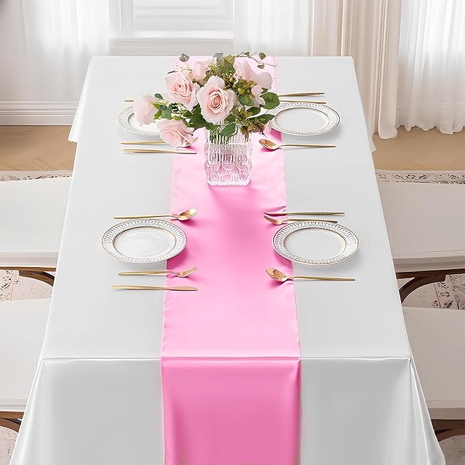 SHEJIZE 20 Pack Pink Satin Table Runner 12x108 Inches Long, Bright Silky Smooth Satin Table Runner Table Decor for Wedding Banquet Christmas Prom Event Birthday Party