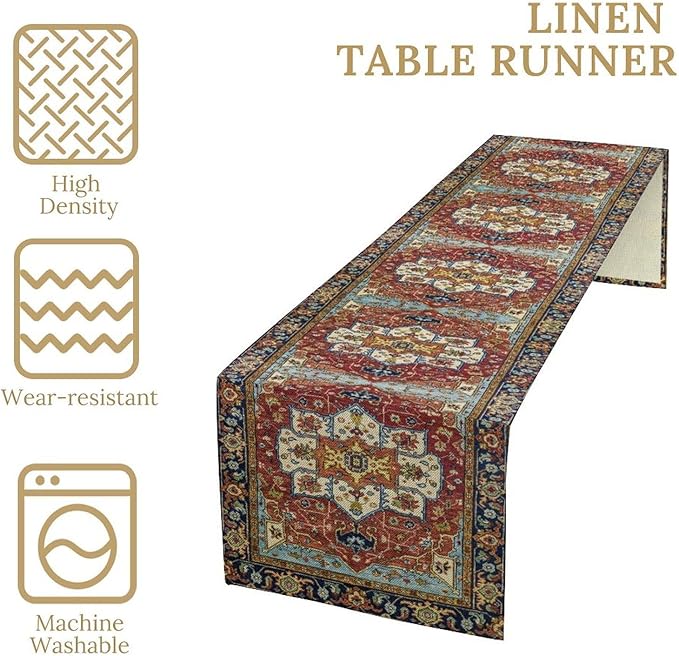 Vintage Boho Floral Table Runner, Rustic Country Farmhouse Red Blue Gold Retro Flower Pattern for Home Kitchen Table Decor Dining Coffee Room Party Decor 13x90in