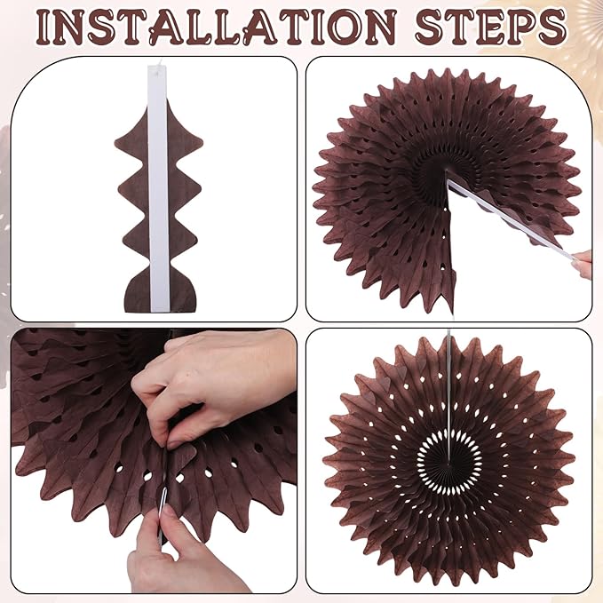 Outus 12 Pcs Hanging Honeycomb Paper Fans Sets, Fiesta Brown and Beige Party Decorations, Tissue Paper Flowers Supplies for Birthday Wall Classroom Wedding Bridal Photo Backdrop (14/8/6 Inch)