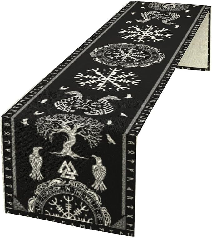Ancient Abstract Pattern Table Runner, Tree of Life Eagle Dragon Boat Rudder Black and White Table Runner 13x70 Inch