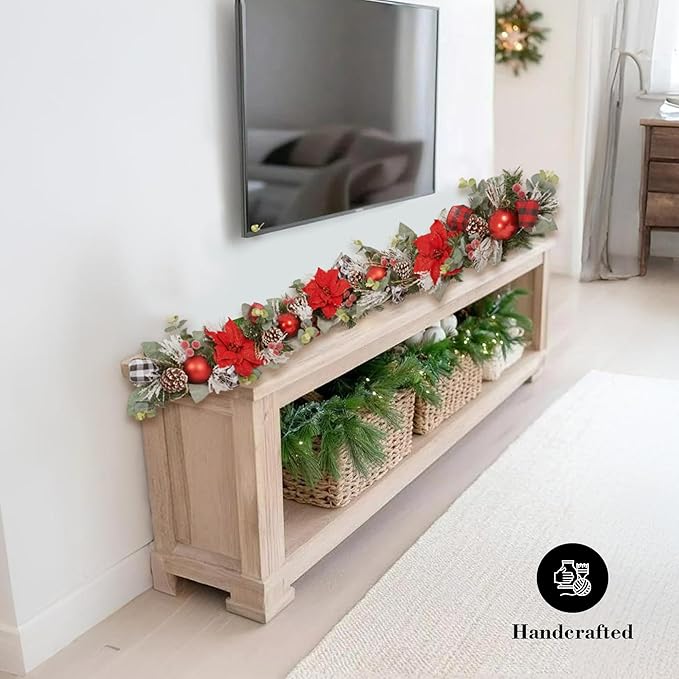 5 ft Christmas Garland for Mantle Unlit Garland for Stairs Railing, Banister, Staircase, Fireplace, for Table No Light, Garland Decor Frosted Red Poinsettia Holiday Tree (Glittery Red Poinsettia)