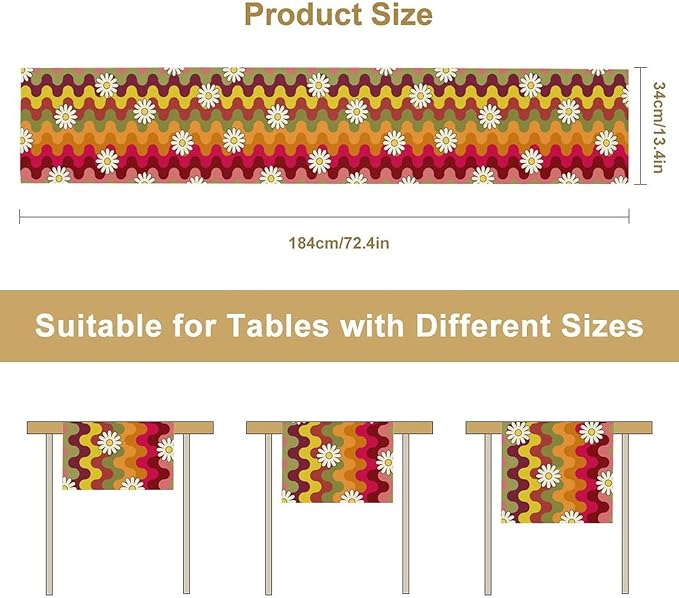 Vintage Floral Table Runner,60s 70s Colorful Retro Abstract Hippie Print Table Runner for Kitchen Dining Table Home Party Decoration 13x60 Inch