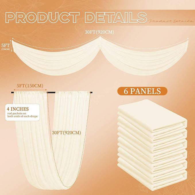 Ivory Ceiling Drapes for Wedding - 5ftx30ft Drapes for Wedding Arch - Sheer Cheesecloth Fabric - Romantic Decorations for Party Banquet Ceremony Stage