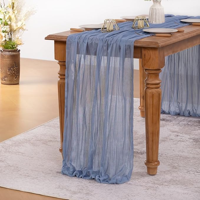 MLMW 4 Pack Dusty Blue Table Runner Cheesecloth Gender Reveal Boho Gauze Rustic Cheese Cloth Table Runner 160 inch Sheer 13.3ft for Wedding Party Baby Bridal Shower Birthday