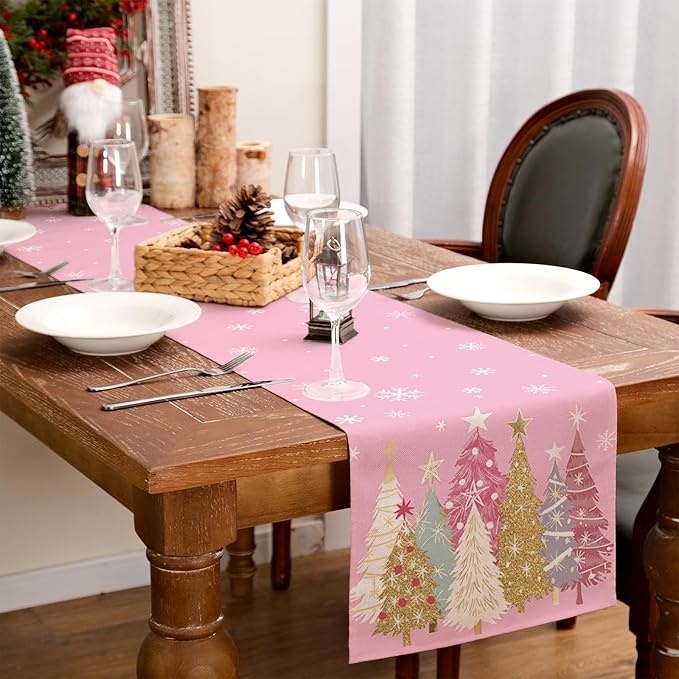 GEEORY Christmas Table Runner 13x108 Inch, Xmas Trees Snowflakes Holiday Decorative Farmhouse Table Decoration for Kitchen Dinning, Indoor Outdoor Dinner Party Decor (Pink) GT153-108
