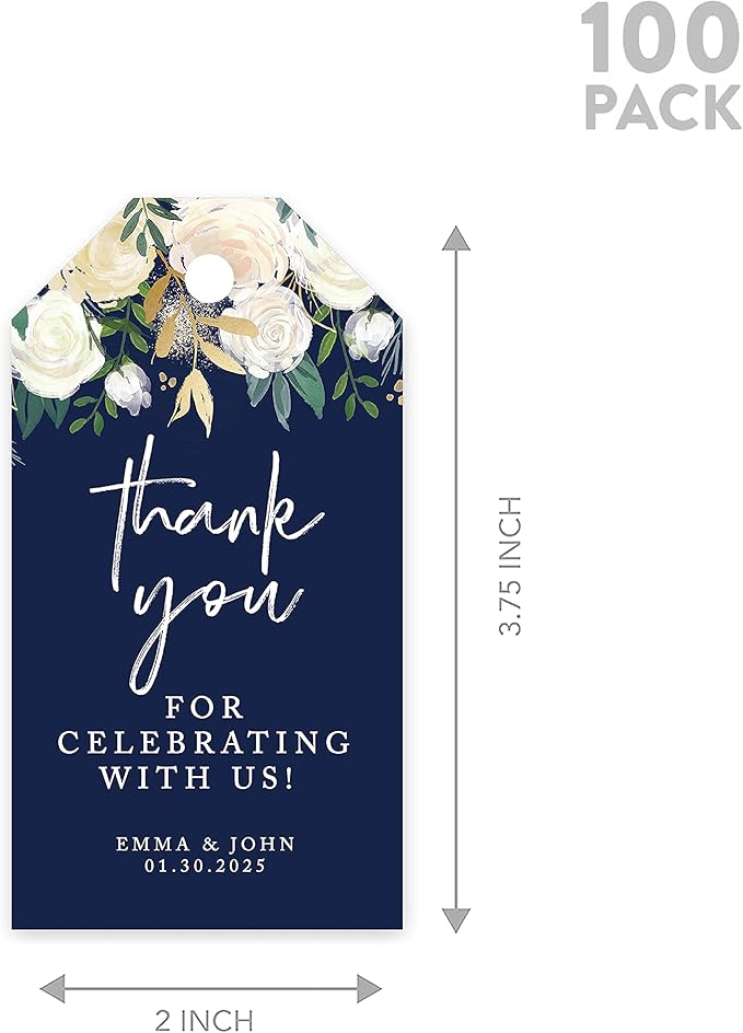 Andaz Press 100-Pack Personalized Thank You for Celebrating with Us Wedding Favor Tags with Bakers Twine Navy Blue with Florals Custom Cardstock Wedding Gift Tags for Party Favors 2 x 3.75-Inches