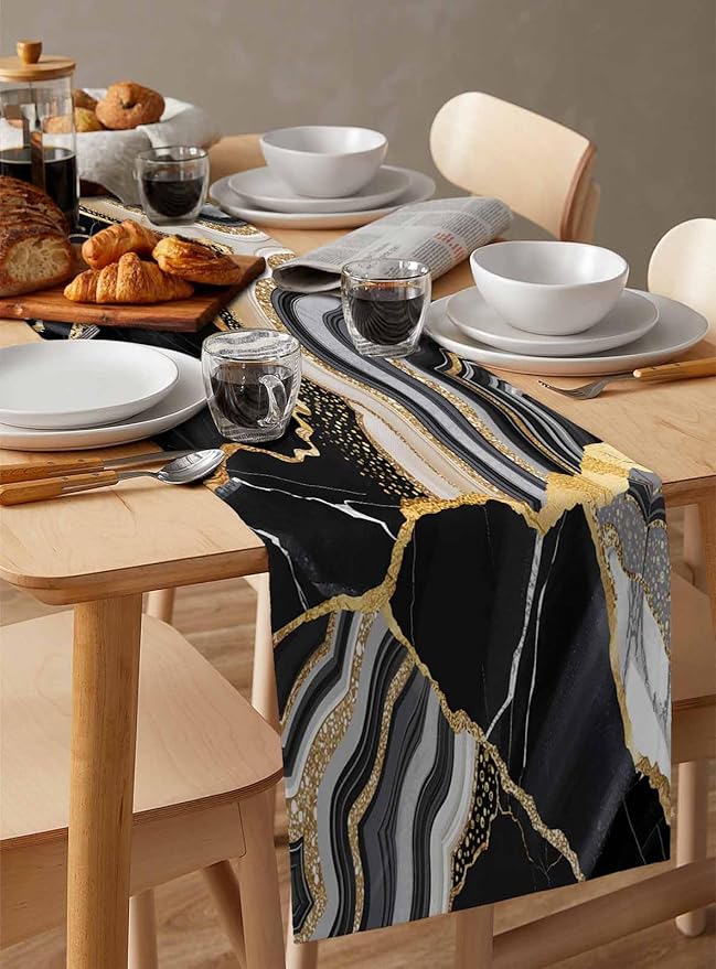 Geometric Black Marble Cotton Linen Table Runner for Dining Kitchen, Wedding Outdoor Party Tablerunners Decoration, Farm Marble Liquid Ripple Abstract Dresser Scarf Coffee Tablecloth Runners 13''x72''