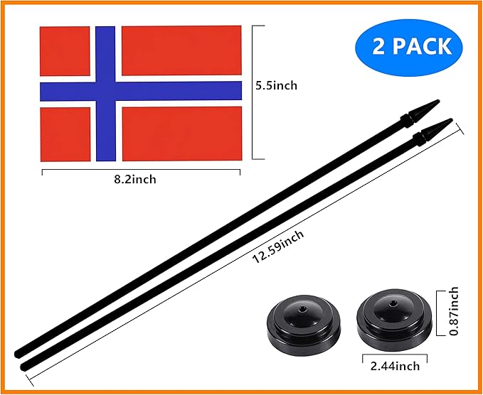 Norway Norwegian Deluxe Desk Flag Set Small Mini Miniature Norway Norwegian Table Desktop Flags With Solid Pole, Black Base and Spear Top(2 Pack)