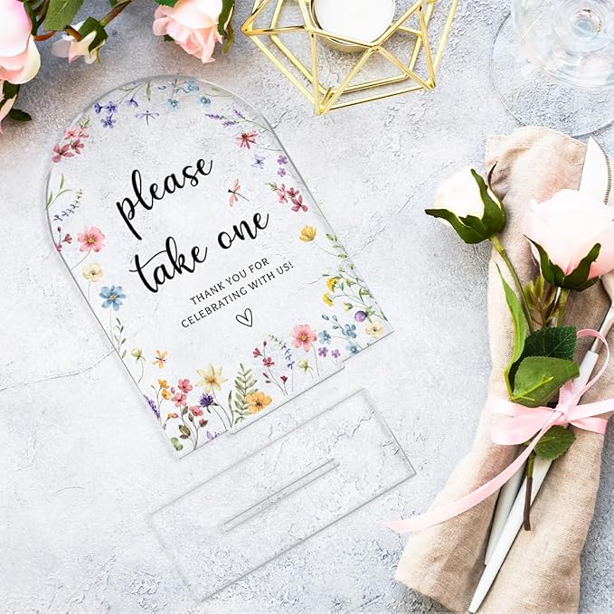 Wedding Sign Decor, Please Take One Sign, 5x7 Inch Arch Acrylic, Wedding Sign for Reception & Event, Bridal Shower Decorations, Wedding Table Sign Accessories for Anniversary And Party (Flower)