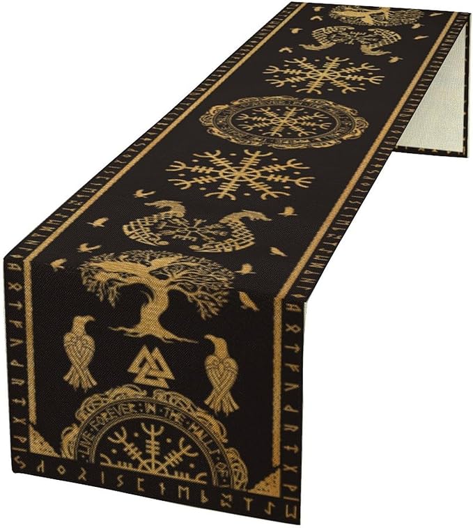 Viking Tree of Life Abstract Table Runner for Living Room Home Party Coffee Dining Party Wedding Golden Black Celtic Style Geometric Dragon Boat Rudder Ancient Script Table Runner 13x36 Inch