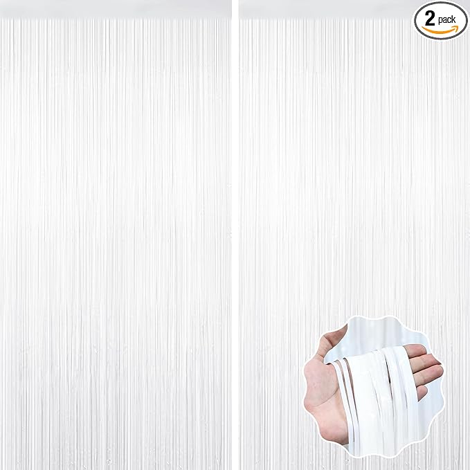 2 Pack White Tinsel Curtain Party Backdrop Decorations, Metallic Foil Fringe Curtain for Wedding Parties Door Streamers Christmas Baby Bridal Shower Birthday Bachelorette Photo Booth Party Decor