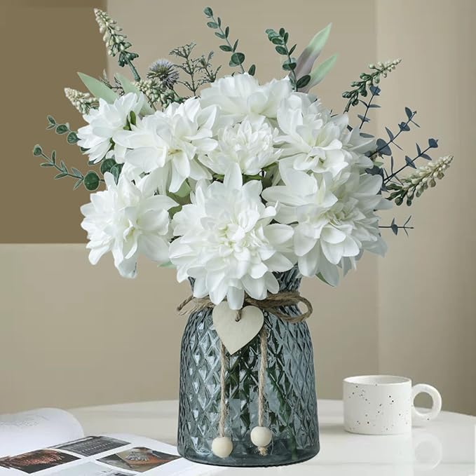 Fake Flowers in Vase,8 Dahlias,Silk Artificial Flowers in Vase,Centerpiece Table Decorations,Coffee Table Decor,Faux Flowers in Vase with a Flower Arrangement Holder