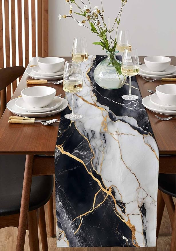 Black White Marble Cotton Linen Table Runner for Dining Kitchen, Wedding Outdoor Party Tablerunners Decoration, Nature Marble Crack Modern Art Dresser Scarf Coffee Tablecloth Runners 13x72 Inches