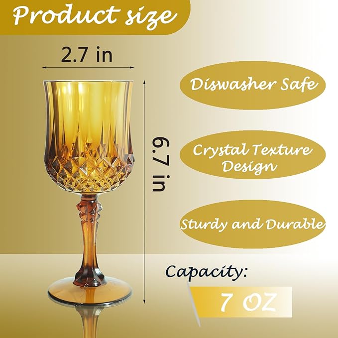 Plastic Wine Glasses，Plastic Goblets Vintage Style Cordial Drinking Glasses for Wedding Reception, Grand Event Party Supplies (12, Amber)