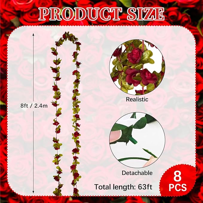 8Pcs 63Ft Burgundy Rose Garland, Fake Rose Hanging Flowers, Artificial Flower Vine, Hanging Floral Vine Garland for Wedding, Birthday Party, Wall Arch, Halloween, Christmas Garden Backdrop Decor