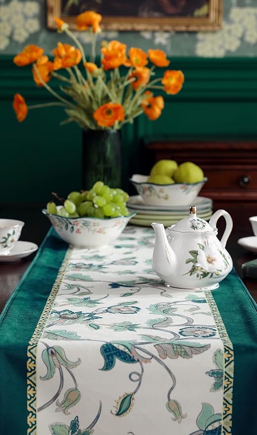 patdrea Designer Elegant French Floral Velvet Table Runner, Teal with Blossoms Pattern Table Mat, Decoration for Kitchen Dining Coffee Table Shelf Cabinet Banquet Thanksgiving,12"*87"