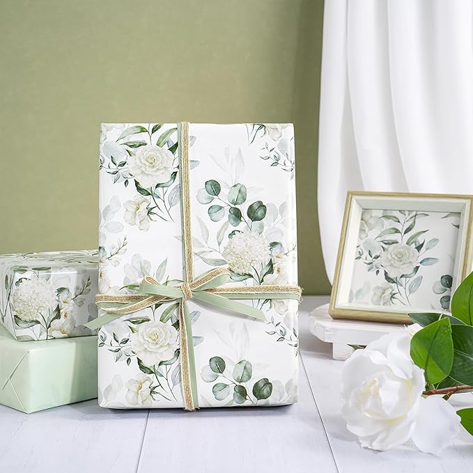 RUSPEPA Reversible Floral Wrapping Paper for Women Girls, Mini Roll, Elegant Flower Greenery and Sage Green Gift Wrap Paper for Wedding, Birthday, Bridal Shower, Mother's Day, 17 Inches x 16.4 Feet