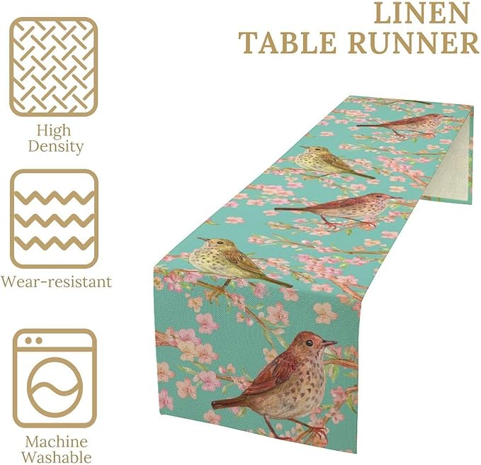 Table Runner with Flowers and Birds, Spring Plant Flowers Table Decoration Linen Table Runner Family Party Party Decorations 13x108 Inches