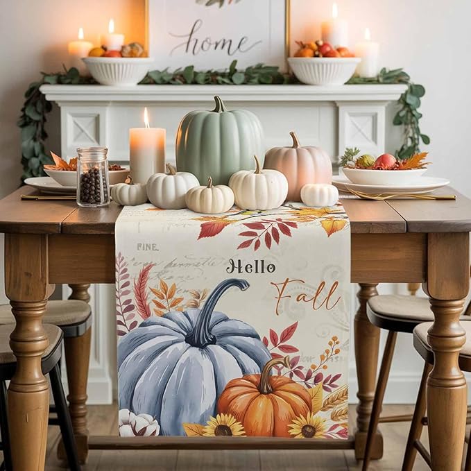 Thanksgiving Fall Cotton Linen Table Runner for Dining Kitchen, Blue Pumpkins Rustic Wedding Outdoor Party Autumn Tablerunners Decoration, Leaves Dresser Scarf Coffee Tablecloth Runners 13x36 Inches