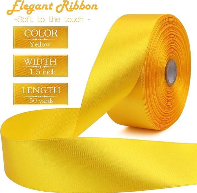 Yellow Solid Satin Ribbon 1-1/2 Inch 50 Yards Solid Polyester Fabric Ribbon for Gift Wrapping Wedding Christmas Baby Shower Birthday Party Decoration Handmade Immortal Flower Craft