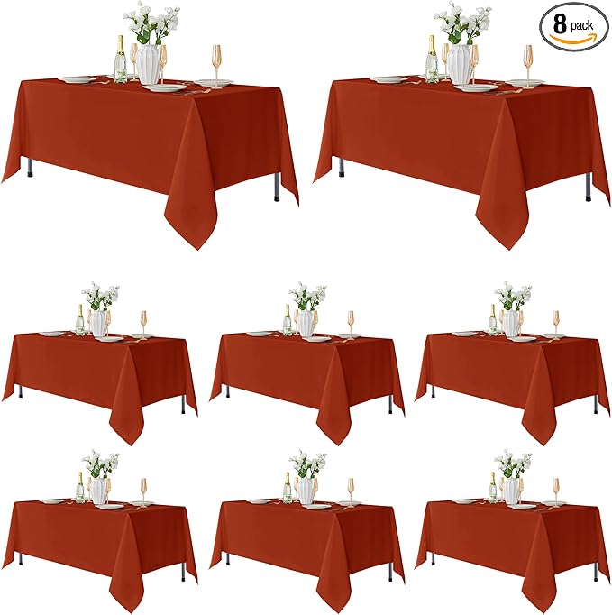 Fitable 8 Pack Rectangle Tablecloths: Stain Resistant Wrinkle Free Fall Table Clothes, Washable Reusable Polyester Table Covers for Wedding Thanksgiving Party Birthday Banquet(Rust, 60x102 Inch)