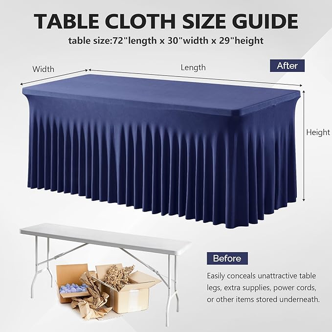 Wish Care 2 Pack Navy Blue Stretch Spandex Table Clothes for 6 Foot Rectangle Tables, 6FT Wrinkle Free Fitted Tablecloths Ruffles Design Table Cover for Party, Banquet, Wedding and Events