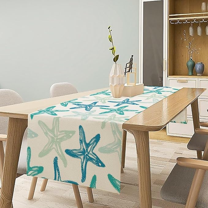 Starfish Plaid Table Flag Green Plaid and Marine Life Starfish Kitchen Table Flag Suitable for Birthday Party Restaurant Decoration Outdoor Picnic 13 * 108 Inch