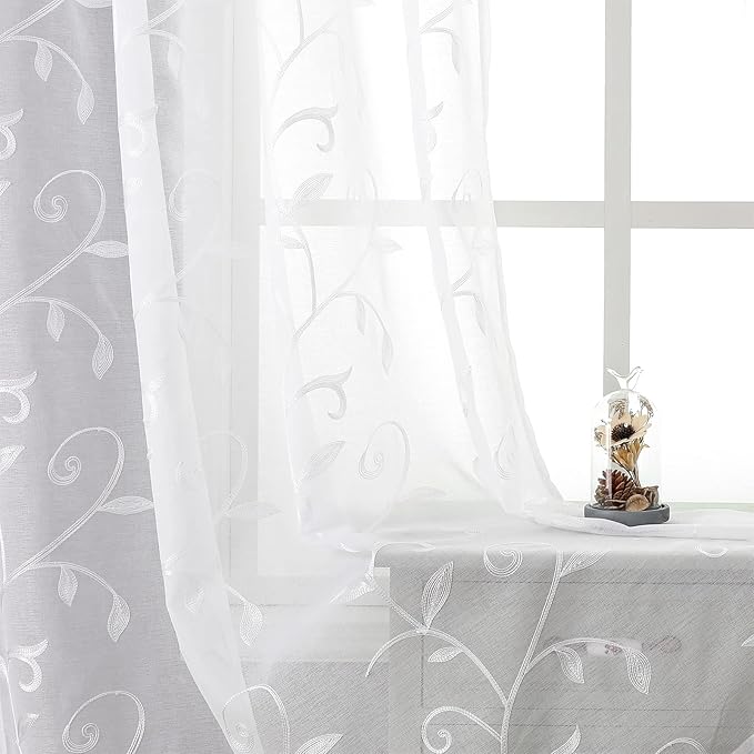 VISIONTEX White Leaves Sheer Voile Curtains, Decorative Embroidery Rod Pocket Window Drapes for Home Living Room and Bedroom 54 x 63 Inch, Set of 2 Curtain Panels