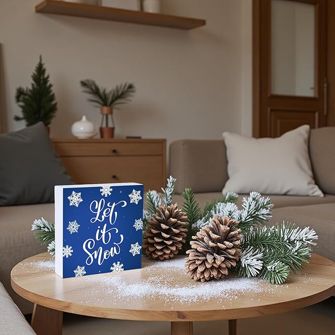 Winter Decorations Indoor Winter Decor Let It Snow Home Room Snowflakes Table Wood Box Sign Rustic Wooden Shelf Desk Decor Season Sign House Warming Gifts 5.9 x 5.9 Inch