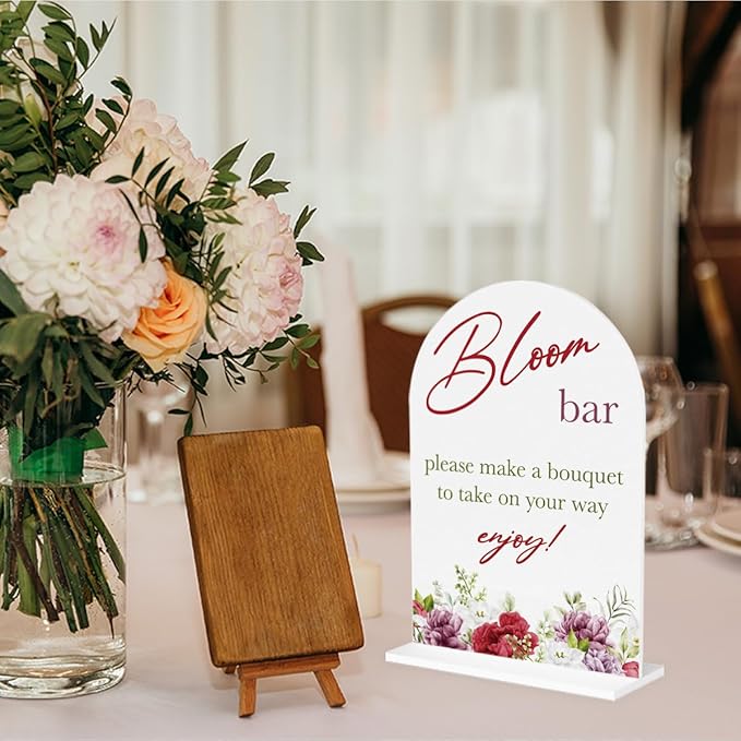 Bloom Flower Bar Sign for Wedding Bridal Shower Bouquet Bar Decor Sign Stuff Acrylic Arch Wedding Bridal Shower Baby Shower Welcome Table Signs for Ceremony and Reception 7 x 5 Inches