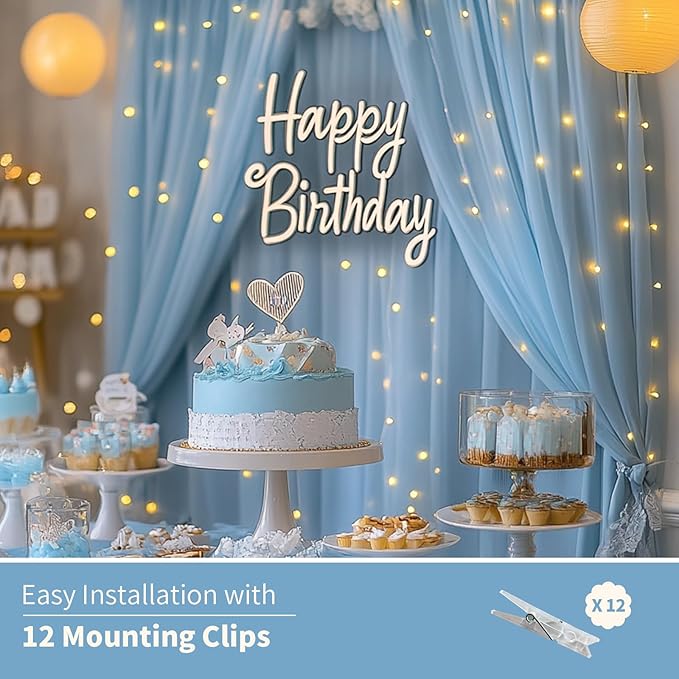 Baby Blue Tulle Backdrop Curtain with Lights String - 10x10ft Sheer Backdrop with 300 LEDs for Wedding, Baby Shower, Bridal Shower, Birthday Party Photo Shoot Background and Home Decorations
