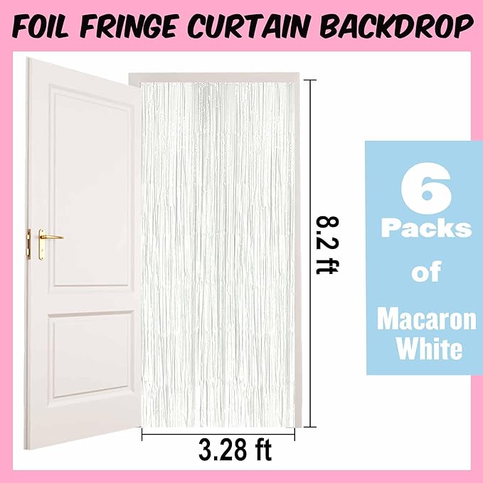 6 Pack Macaron White Foil Fringe Curtains Backdrop, 3.28 x 8.2 Ft Metallic Streamers Tinsel Curtains Background for Photo Booth, Birthday, Weddings, Carnivals, Graduation, Themed Party Decorations