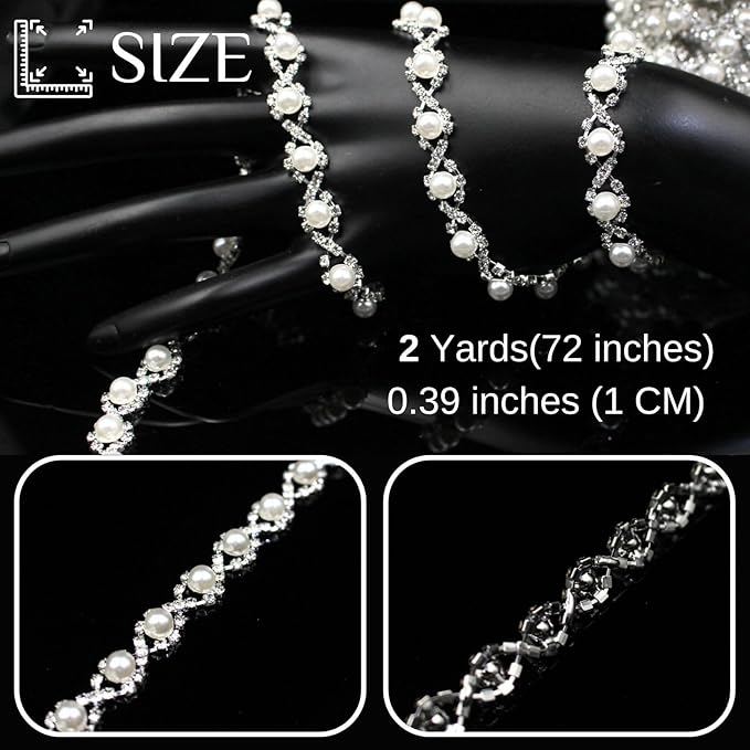2 Yard Pearl Rhinestone Trim Chain Silver String Crystal Applique Fringe Ribbon Strips Beads Sewing Dress DIY Party Wedding Bouquet for Decoration Bridal Costume Embellishment