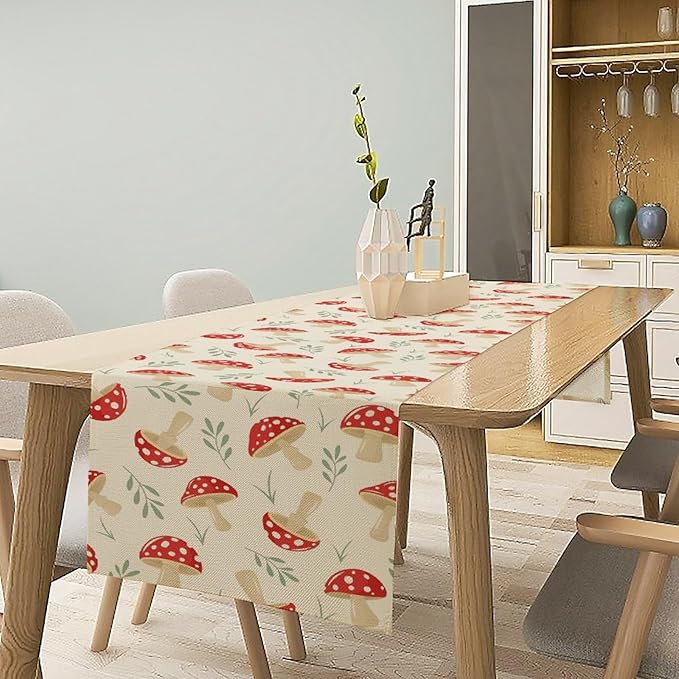 Mushroom Table Runner,Vintage Plant Print Table Runner for Kitchen Dining Table Home Party Decoration 13x120 Inch