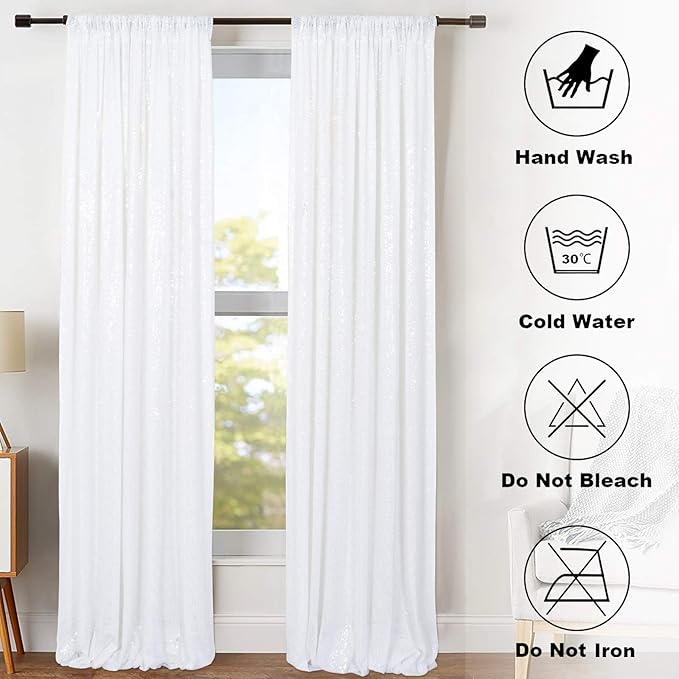 ShinyBeauty Sequin Curtains 2 Panels White 2FTx8FT Sequin Photo Backdrop White Sequin Backdrop Curtain Pack of 2-1011E