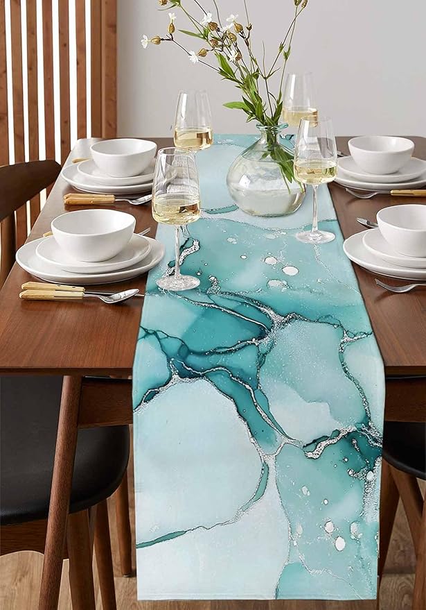 Turquoise Marble Cotton Linen Table Runner for Dining Kitchen, Wedding Outdoor Party Tablerunners Decoration, Nature Marble Crack Country Retro Dresser Scarf Coffee Tablecloth Runners 13x60 Inches