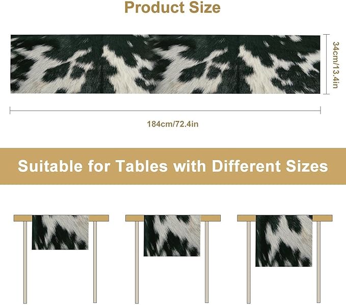Cow Skin Print Table Runner, Rustic Country Farm Fur Skin Cowhide Pattern Western Style Black White Print Table Runner for Home Kitchen Dinning, 13x90 Inch
