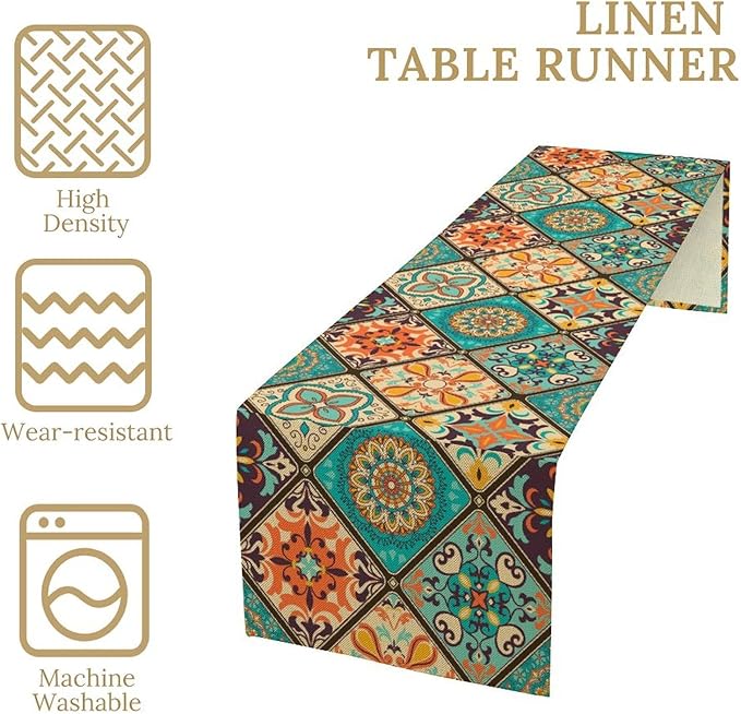 Bohemian Patchwork Table Runnerboho Colorful Tile Patchwork Indian Floral Print Table Runner for Home Kitchen Indoor Outdoor Party Wedding Decor, 13x70inch
