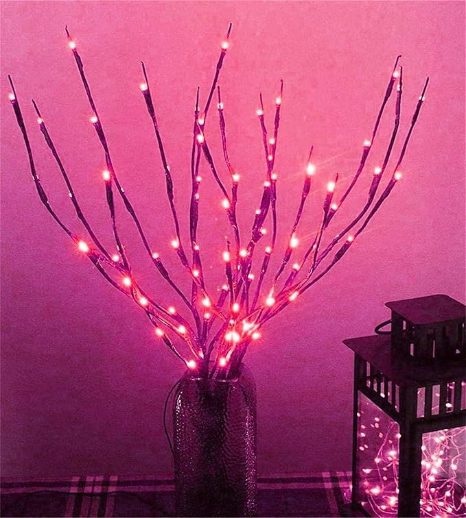 MENCH Branch Lights,3 Pcs Twig Light USB&Battery Powered 8 Flashing Modes by Remote Control.Branch Lights for Indoor, Light Up Decorations for Halloween Day and Christmas,Pink